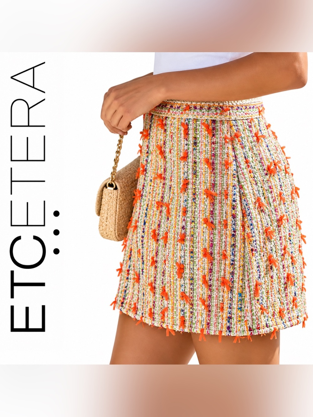 Etcetera Multicolor Tweed A-Line Mini Skirt with Orange Fringe, sz 4, nwt $225sr